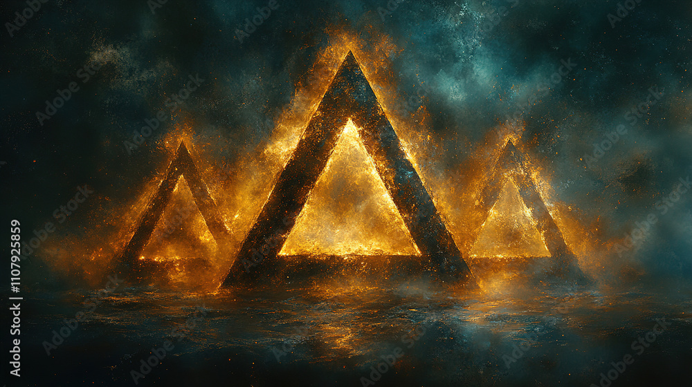Poster fiery triangular structures emerge from dark waters under a stormy sky at twilight. generative ai
