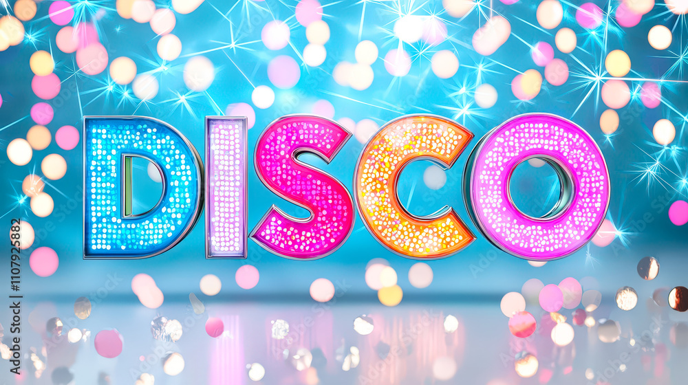 Poster a lively disco atmosphere with a bright sign illuminated by colorful lights and surrounded by shimme