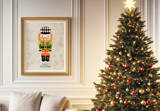 Interior Poster with Christmas Tree Mockup with Generative AI