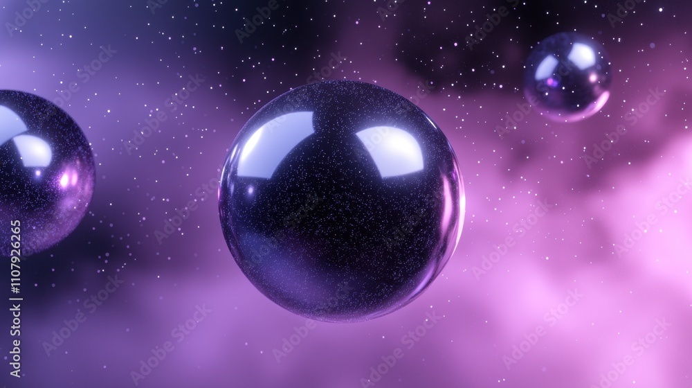 Poster three spherical objects floating in the air against a purple and pink background with small white do