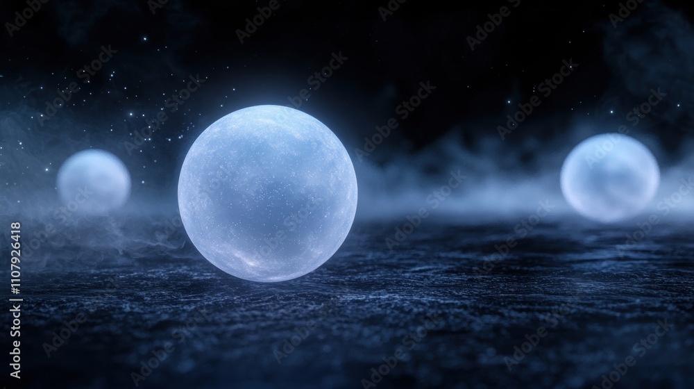 Poster three large, glowing blue spheres floating on a dark, foggy surface. the spheres appear to be floati
