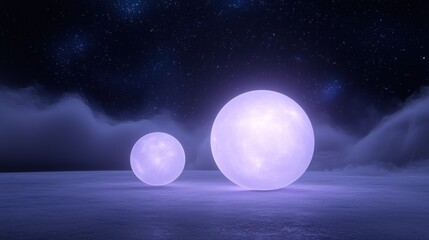 Obraz premium Two large, glowing spheres on a dark, starry night sky. the spheres are spherical in shape and appear to be floating on the surface of the water below.