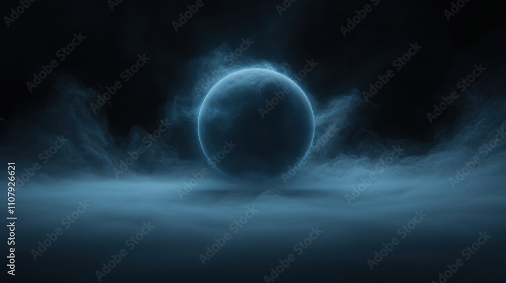 Poster digital illustration of a large, spherical object in the center of a dark, foggy landscape. the obje