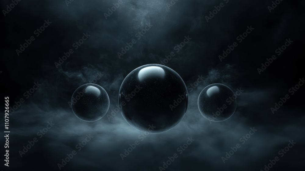 Poster three spheres floating in the air against a dark background. the spheres are spherical in shape and 