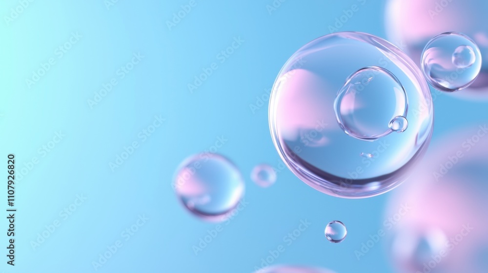 Poster close-up of a group of soap bubbles floating in the air. the background is a gradient of light blue 