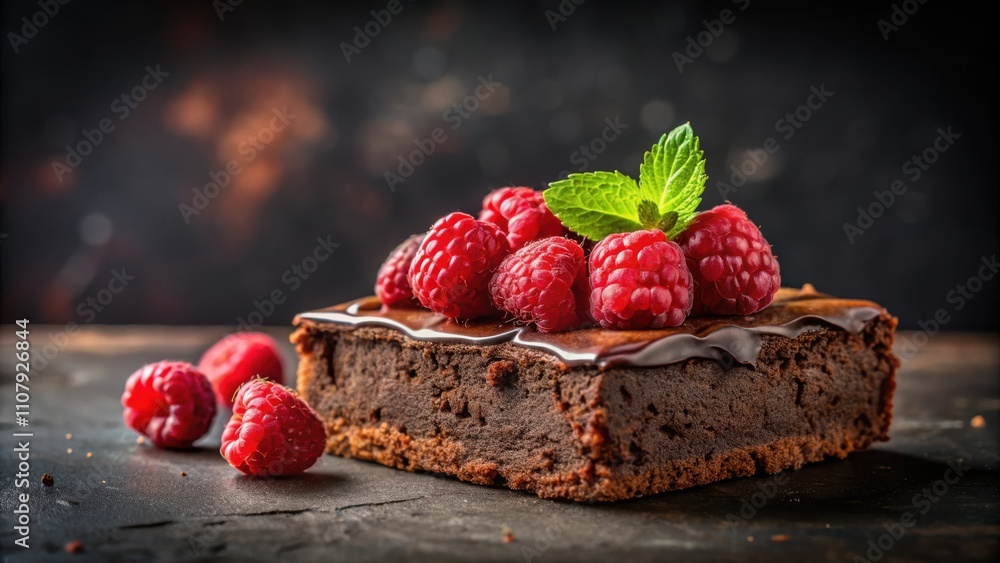 Poster a decadent chocolate brownie topped with a generous layer of rich chocolate ganache and a medley of 