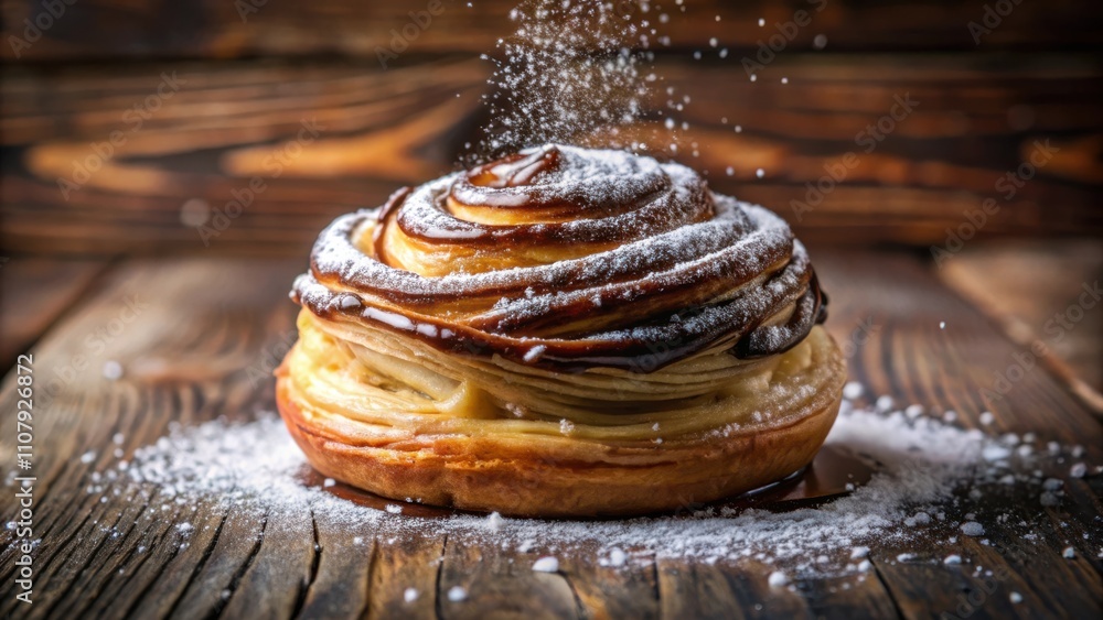 Poster a freshly baked pastry with a swirl of chocolate glaze and a dusting of powdered sugar, resting on a