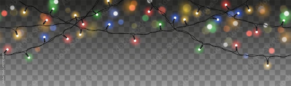Wall mural vector set of realistic glowing colorful christmas lights in seamless pattern isolated on dark backg