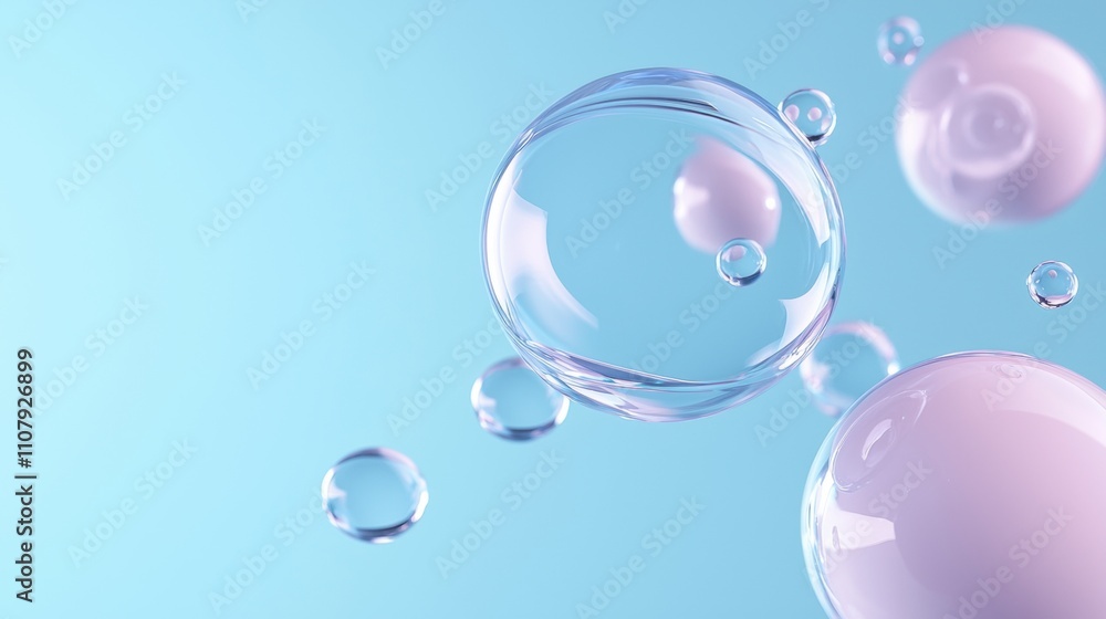 Poster group of soap bubbles floating in the air against a light blue background. the soap bubbles are of d