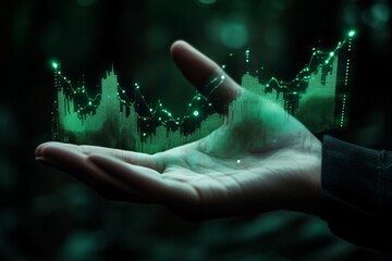  hand holding stock market graph, in the style of hologram, dark background, green theme.