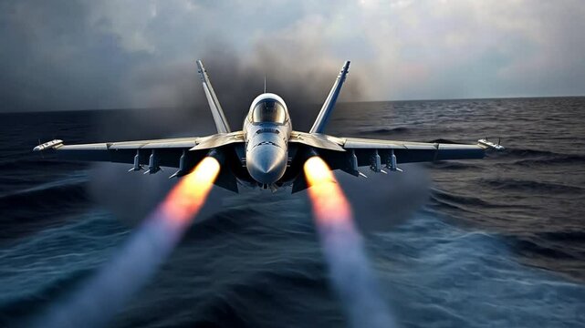 Aircraft carrier fighter A fighter jet launches from an aircraft carrier, engines blazing as it takes to the sky. The coordination between sea and air power is crucial in this tactical operation.