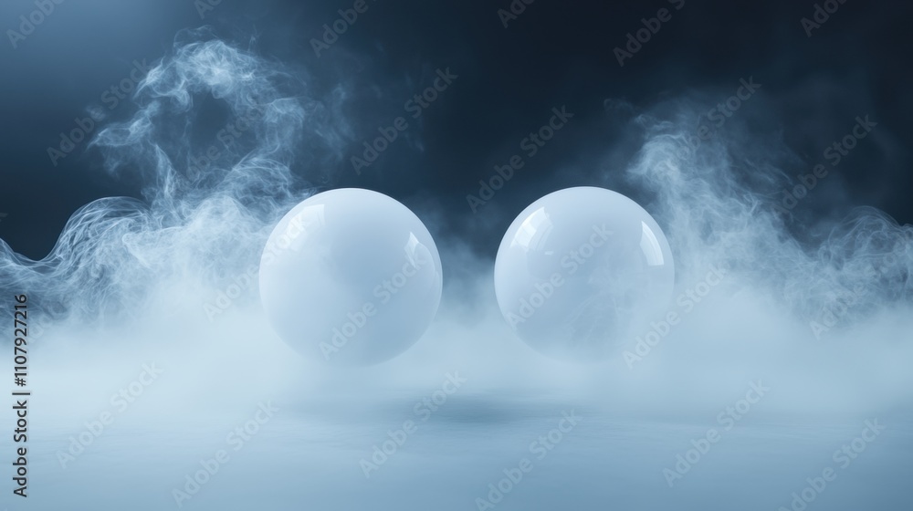 Poster two white spheres floating on a dark blue surface. the spheres are spherical in shape and appear to 