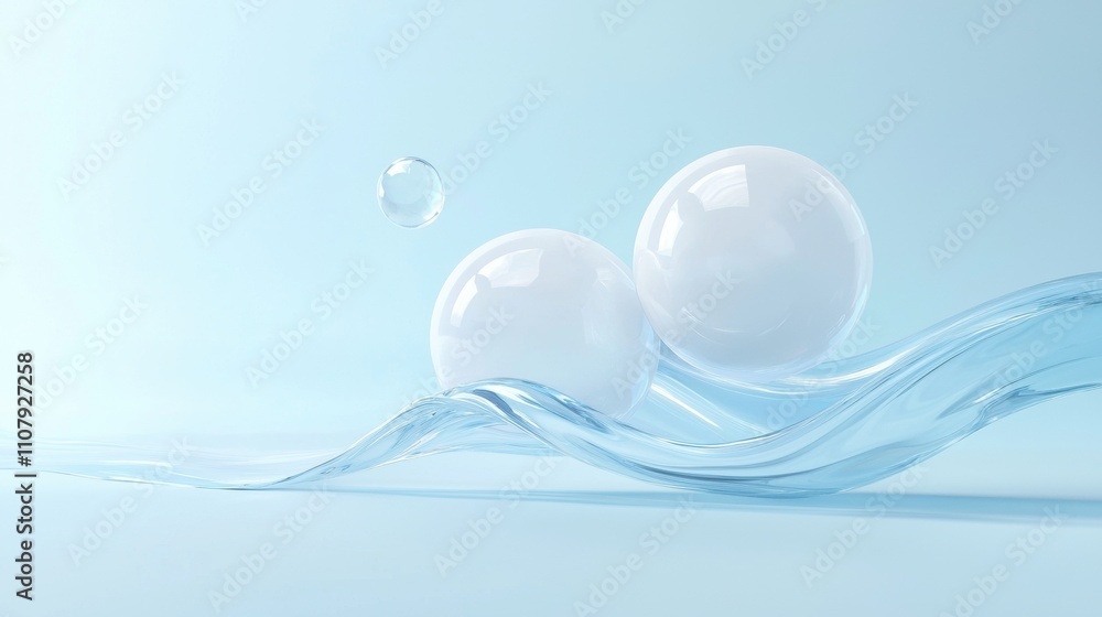 Poster two transparent spheres floating on a light blue background. the spheres are spherical in shape and 