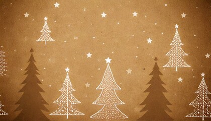 Obraz premium Fond de papier kraft avec motifs de sapins et étoiles blanches