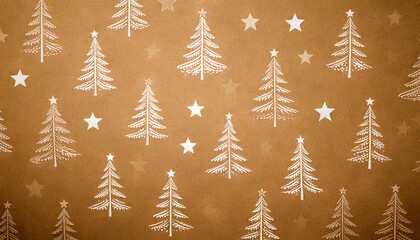 Obraz premium Fond de papier kraft avec motifs de sapins et étoiles blanches