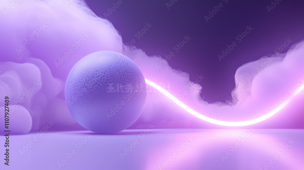 Poster Digital illustration of a sphere in the center of a purple background. the sphere is spherical and appears to be made up of small dots or lines, giving it a textured appearance.