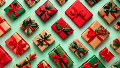 Fototapeta premium Motif de cadeaux emballés avec des rubans rouges et verts