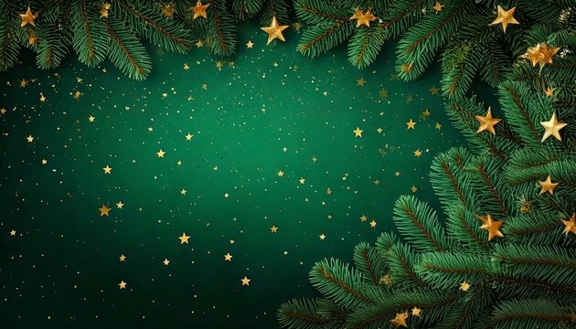 Fond vert sapin avec &eacute;toiles dor&eacute;es scintillantes