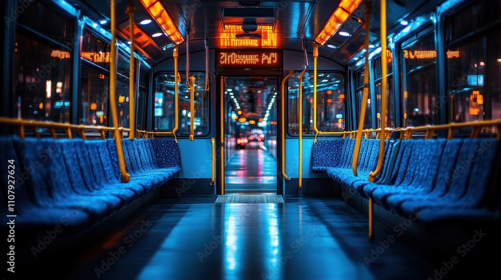 Poster the modern public transportation bus has a stop button interior of a bus that is empty public transp