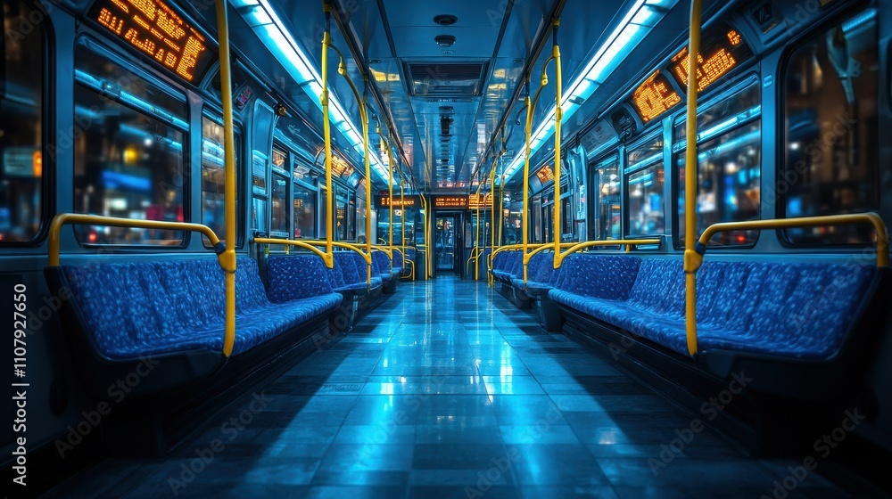 Poster the modern public transportation bus has a stop button interior of a bus that is empty public transp