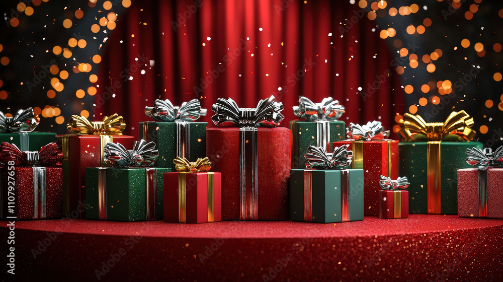 Poster Colorful wrapped gifts are displayed on a red table, surrounded by twinkling lights, creating a joyful holiday atmosphere