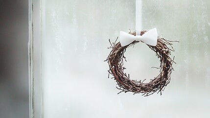 Naklejka premium Minimalistic twig wreath with white bow on foggy window