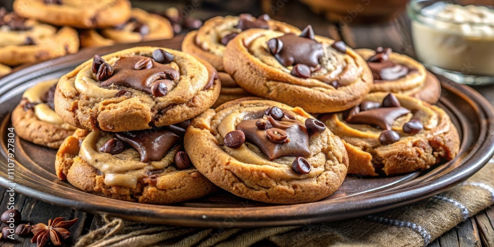 Poster a plate filled with homemade chocolate chip cookies, each topped with a generous dollop of melted ch