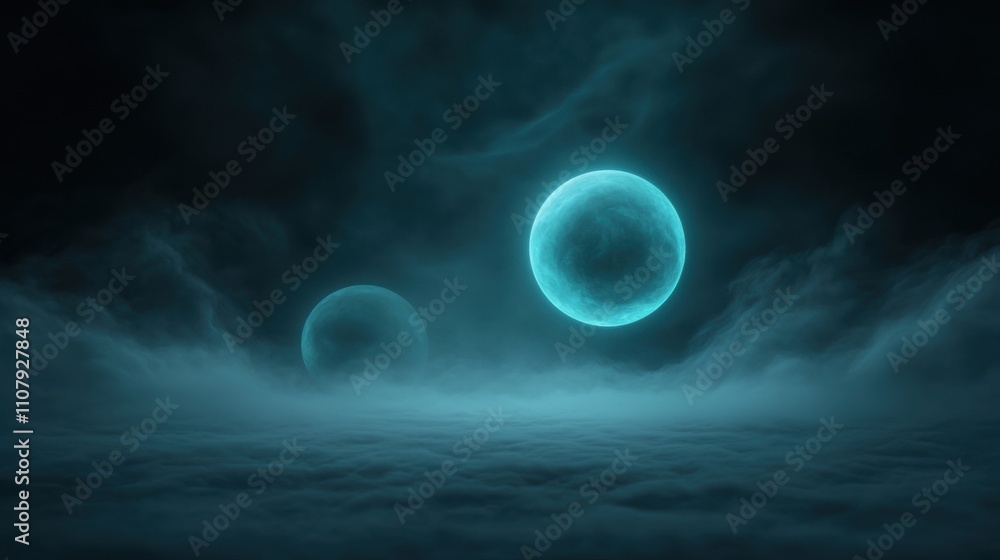 Poster two large, glowing blue spheres floating in the dark sky. the spheres are spherical in shape and app