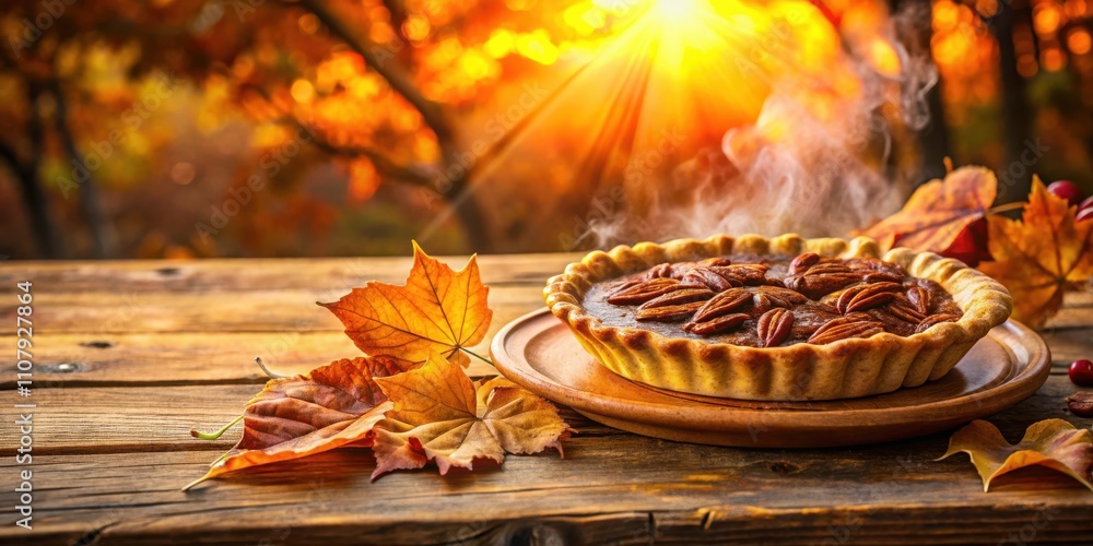 Poster a steaming pecan pie on a wooden table with autumn leaves and a sunlit background