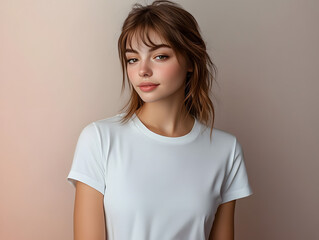 Fototapeta premium A young woman posing for a t-shirt mockup, wearing a blank , clean white shirt