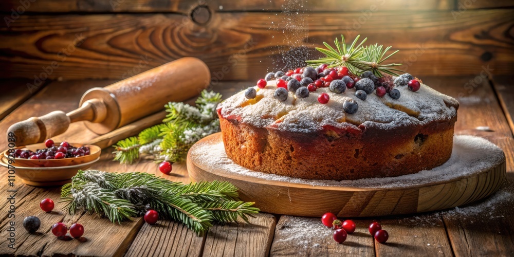 Poster a rustic winter cake with berries and a sprinkle of powdered sugar on a wooden table