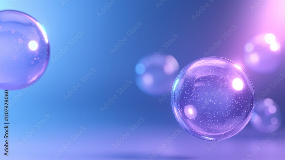Poster digital illustration of three soap bubbles floating in the air. the background is a gradient of blue