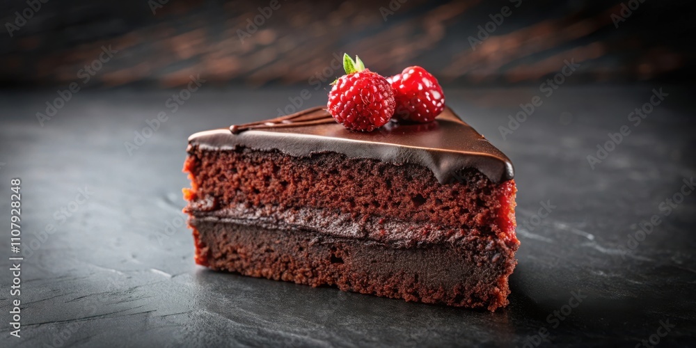 Poster a single slice of chocolate cake with a smooth, rich dark chocolate glaze and a delicate layer of ra