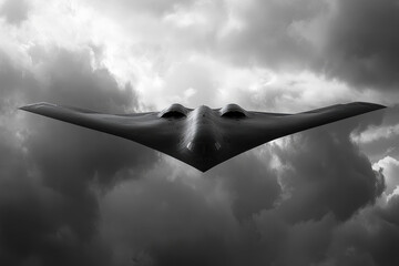 A sleek, futuristic aircraft glides through a dramatic, cloudy sky.