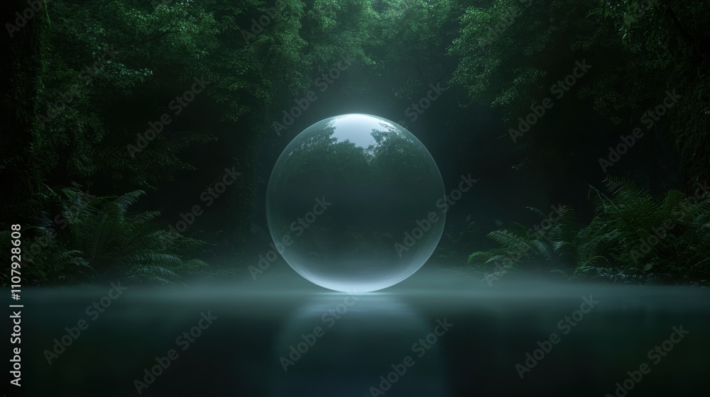 Poster digital art piece that appears to be a photograph of a sphere in the middle of a dark forest. the sp