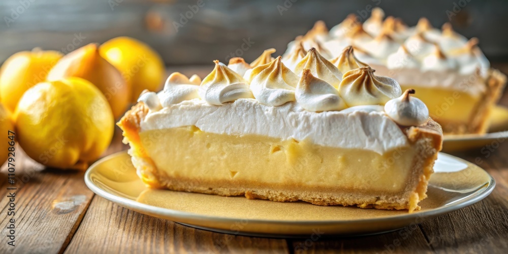 Poster a slice of creamy lemon meringue pie with a flaky crust, topped with fluffy meringue swirls, sits on
