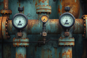 Close-up of industrial valves and gauges, with a maze of pipes.