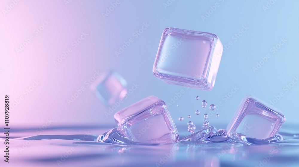 Poster three ice cubes falling into the water. the ice cubes are of different sizes and shapes, with the la