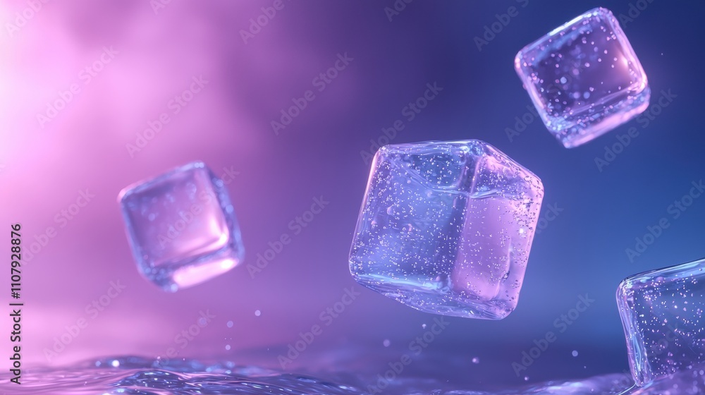Poster three ice cubes floating in the air. the cubes are of different sizes and shapes, with the largest o