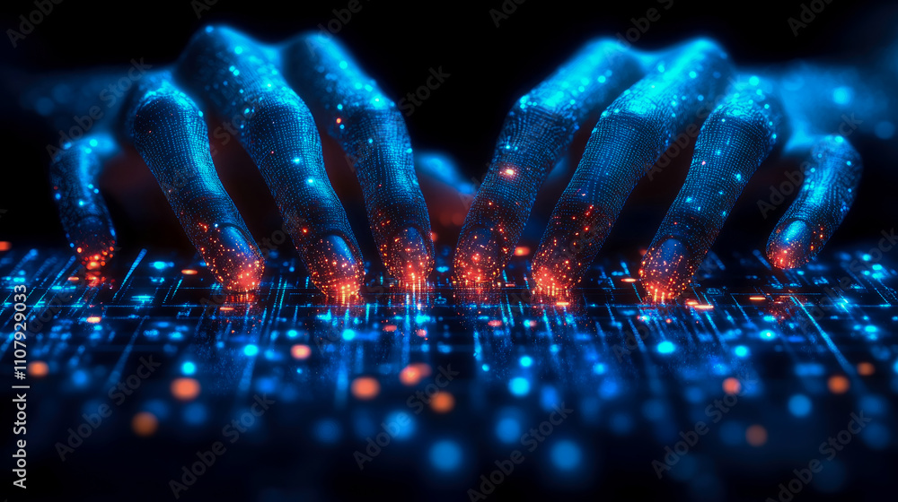 Poster glowing hands create colorful patterns on a digital keyboard filled with light at night, symbolizing