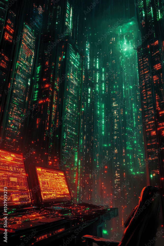Poster amid towering structures filled with vibrant lights, a computer workstation sits easily, glowing wit