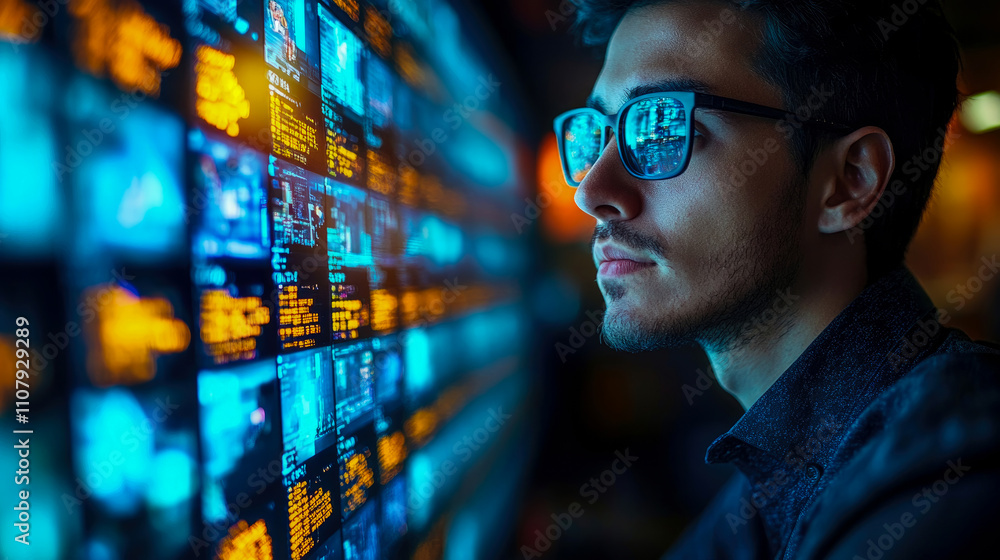 Poster a young man wearing glasses observes a vibrant screen displaying various digital data and graphics a