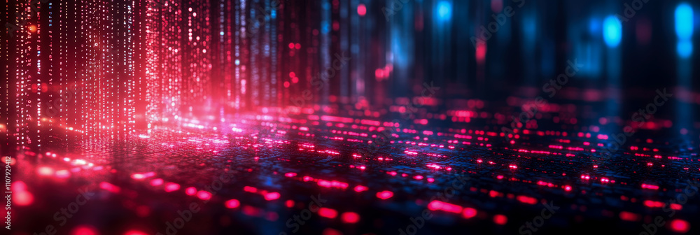 Poster bright, colorful lights illuminate a dark surface, resembling cascading data streams in a futuristic