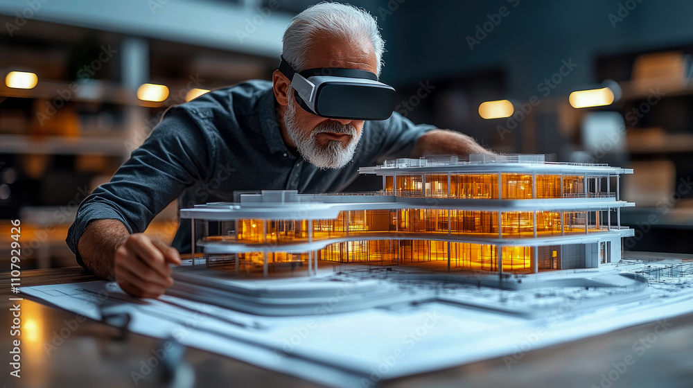 Poster an architect engages with a virtual reality headset, meticulously examining a modern building model 