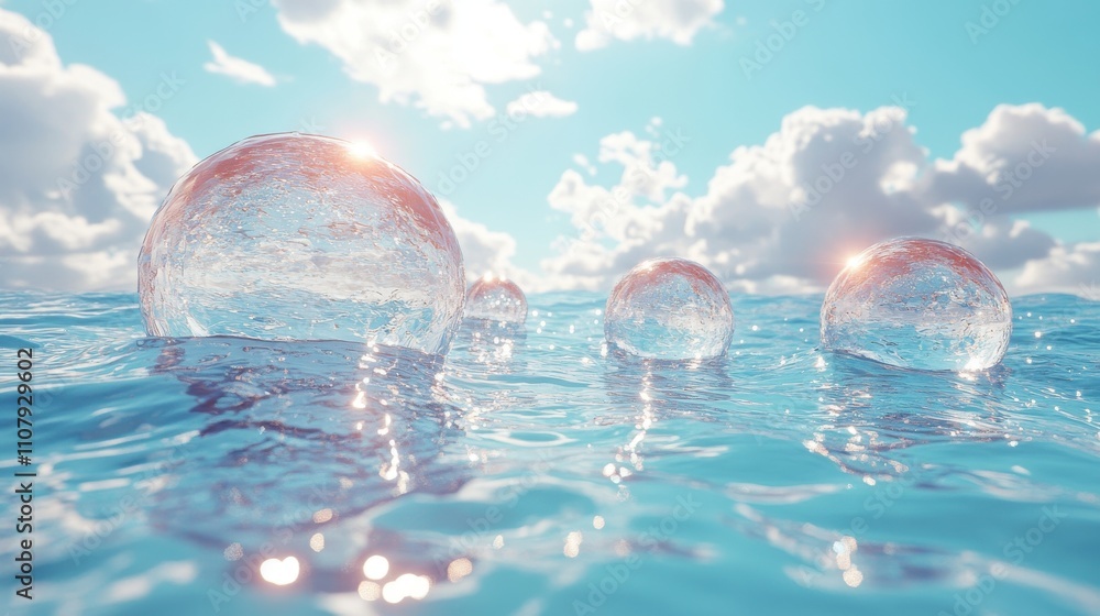 Poster transparent balls with water surface 3d rendering