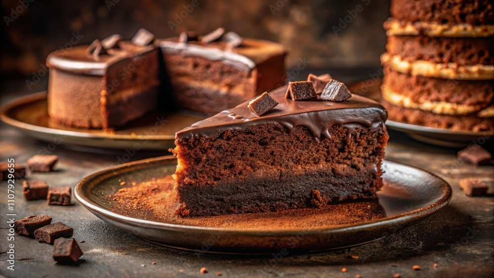 Poster A Close-Up of a Delicious Chocolate Cake Slice with a Smooth Chocolate Glaze and Crumbs of Cocoa Powder Surrounding It