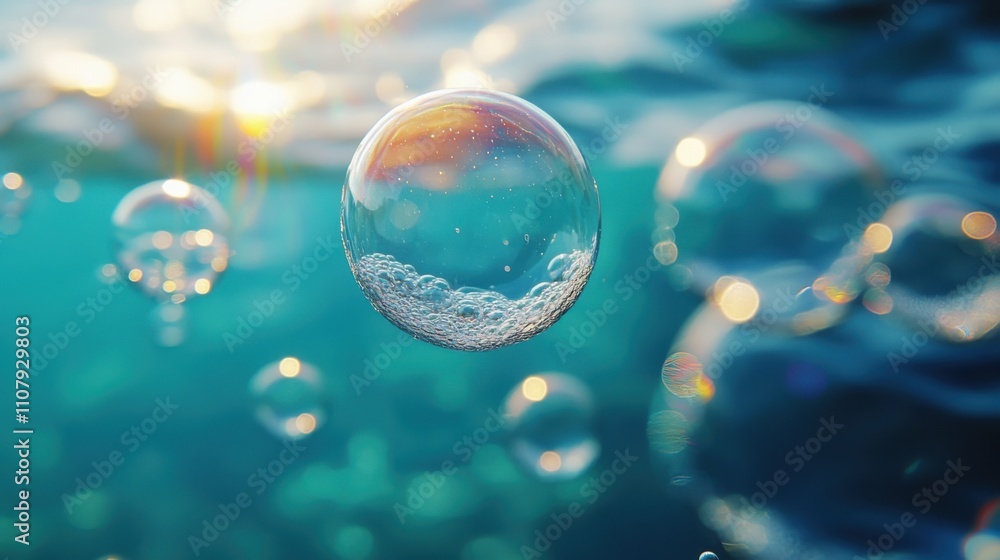 Poster transparent bubbles with water surface 3d rendering float