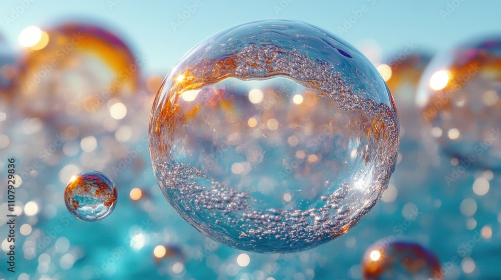 Poster transparent bubbles with water surface 3d rendering float