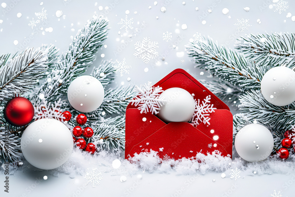 Poster A festive display showcases a red envelope surrounded by white ornaments, pine branches, and falling snowflakes, creating a cozy winter atmosphere