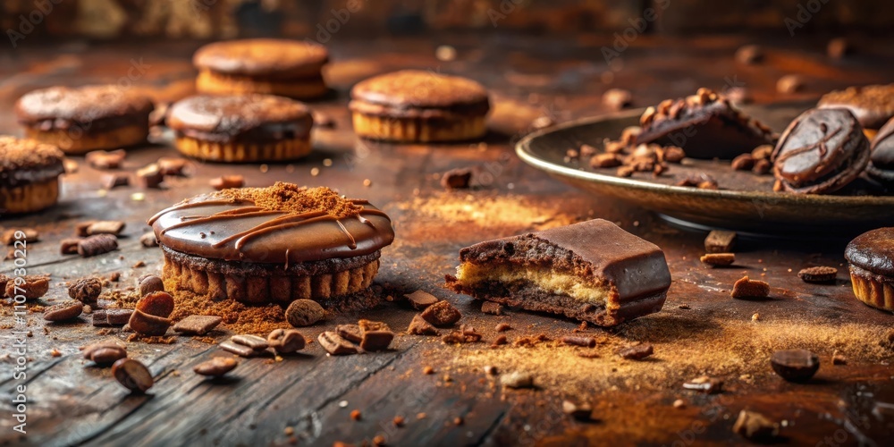 Poster a close-up of freshly baked chocolate cookies dusted with cocoa powder and arranged on a rustic wood